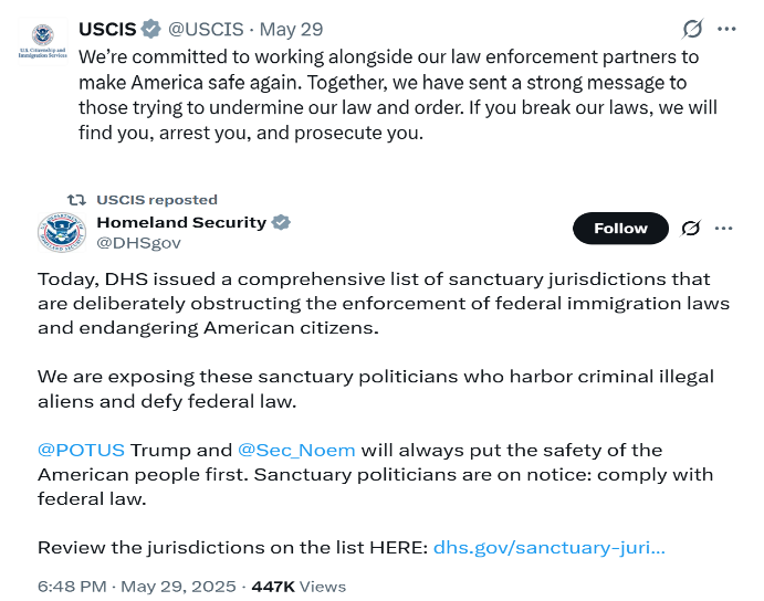 Screenshot of USCIS social media.